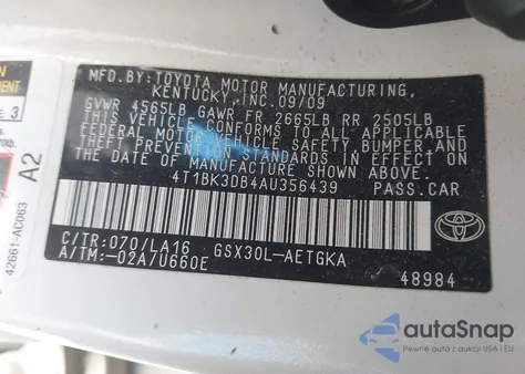 2010 Toyota Avalon Xls z USA, uszkodzony, nr VIN 4T1BK3DB4AU356439